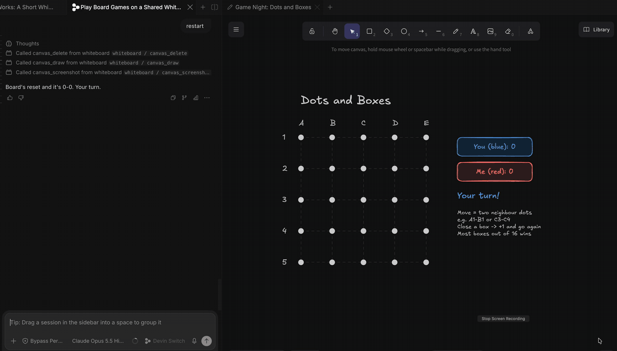 Playing Dots and Boxes with a coding agent: the human draws a line on the board, the agent sees the move and plays back
