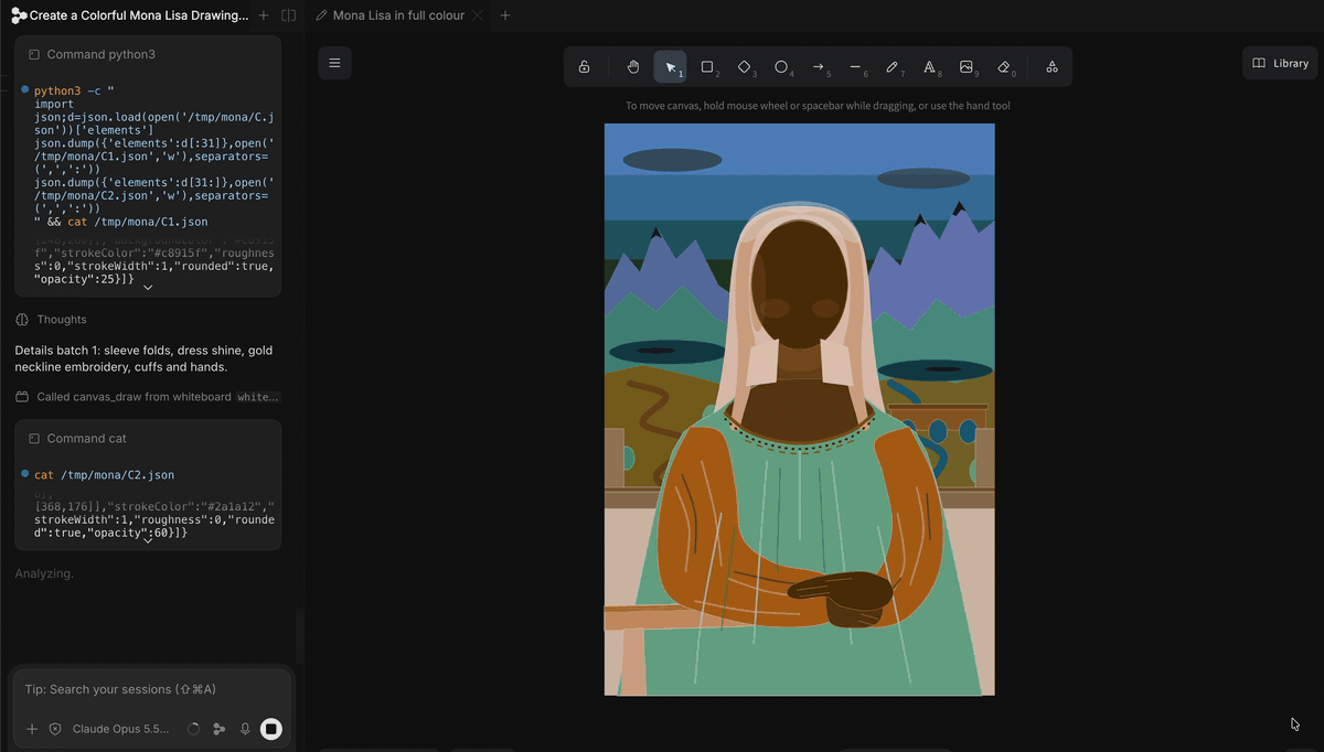 An agent paints the Mona Lisa on the board, then refines it with pencil strokes